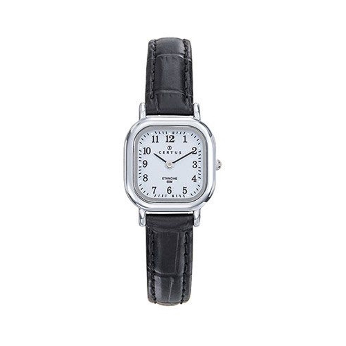 Certus-dameshorloge-model 644555-zilverkleurig-zwart soepel leder-5 atm waterdicht-afmeting 23 mm-duidelijke wijzerplaat-made in France