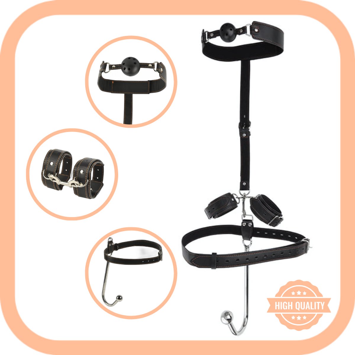 Goedkoopste Anale Haak Geboeid Plus Gag Ball en Heupriem - Hoogwaardig Leer -Anal Butt Plug - Bondage Set - Sex Toys voor Koppels - SM - Fetish - Zwart