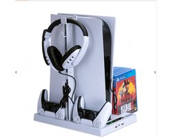 Multifunctioneel PS5 Opbergstation met Actieve Koeling – Verticale Standaard met Koelventilator, DualSense Controller Oplader, Headsethouder & Gamehouder voor 15 Discs – Geschikt voor Playstation 5 - PS5 Disc & Digital