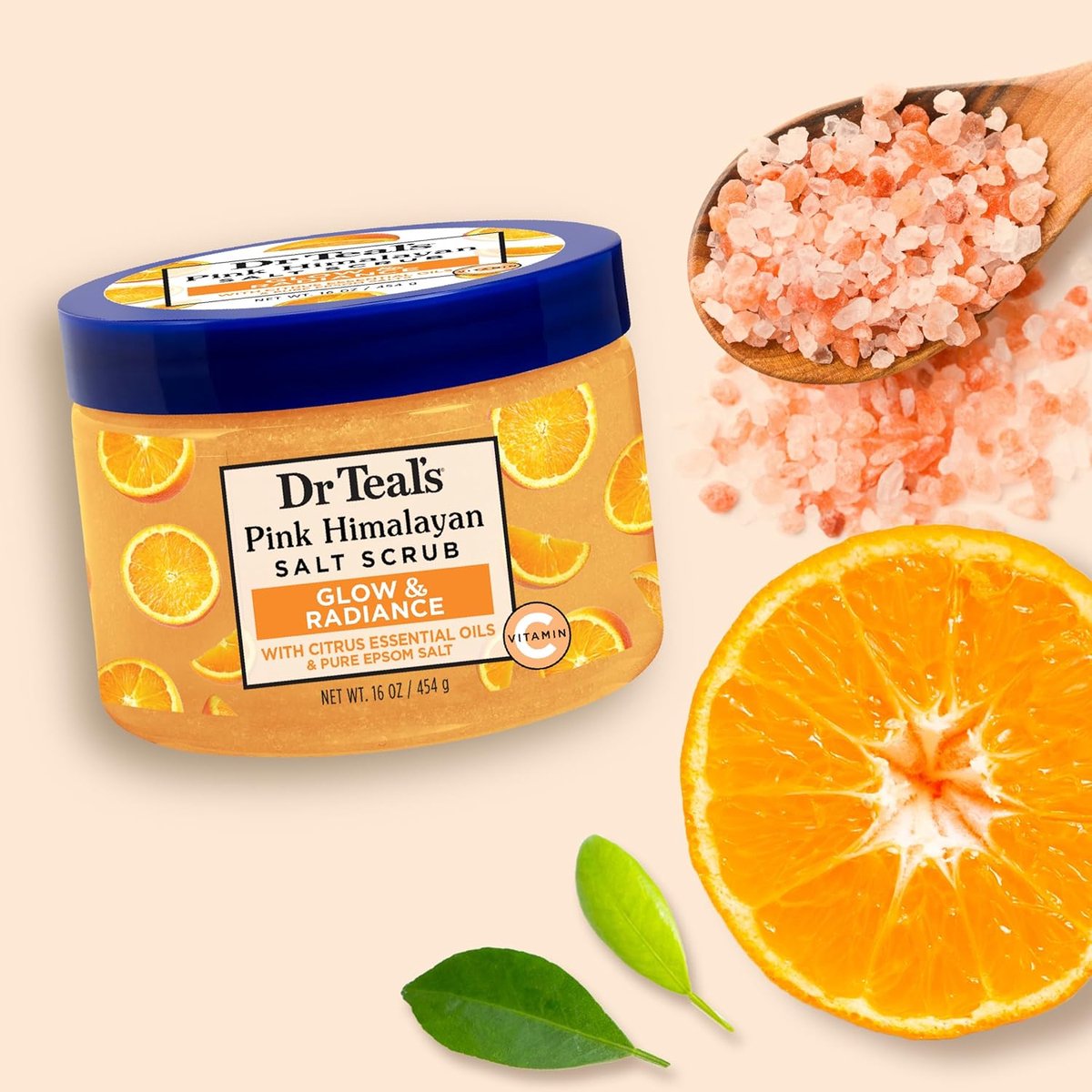 Dr Teal's Pink Himalayan Salt Body Scrub, Glow & Radiance with Pure Epsom Salt & Citrus Essential Oils, 454g