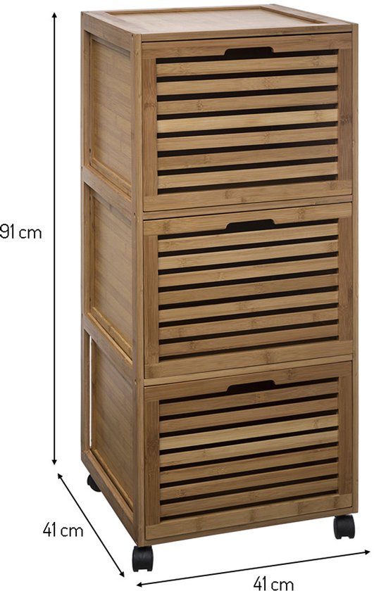 Houten ladekast van bamboe met 3 lades, 41x41x91 cm, op wielen.