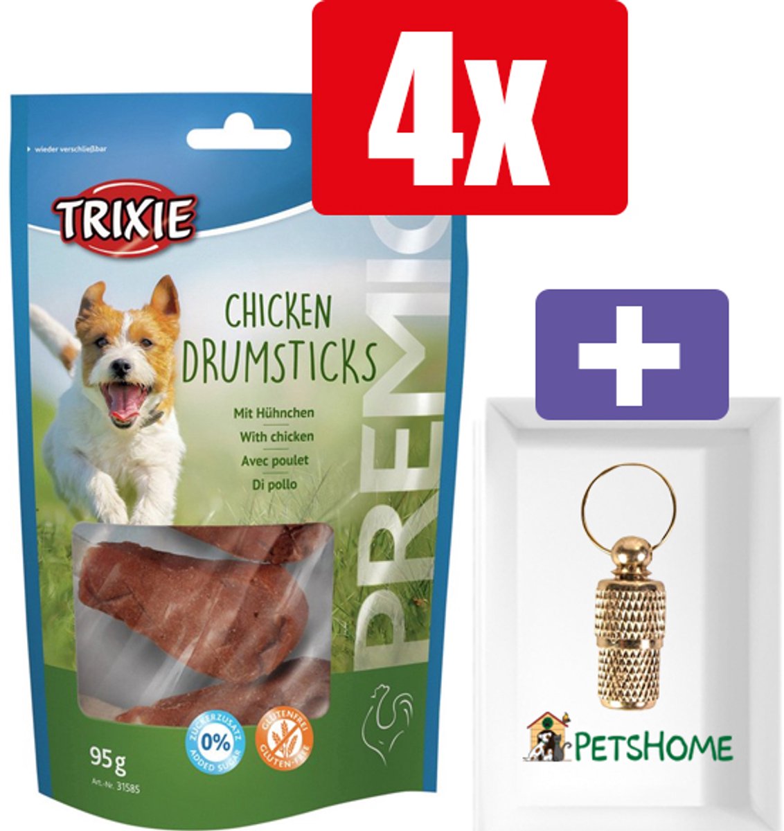 Trixie Premio Hondensnacks – Drumsticks 5 Stuks Kip – 95 Gr – 4 Stuks – Inclusief PetsHome Goudkleurige Adreskoker
