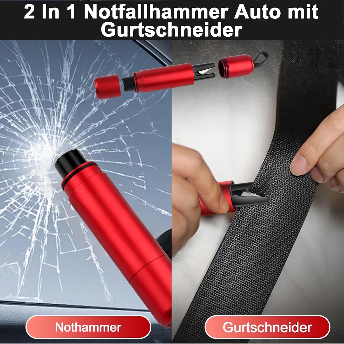 Veiligheidshamer - Noodhamer Raambreker - Voertuig Noodhulp - Wolfraam Stalen Punt - 8.7 x 2 x 2 cm - Rood thumbnail 5