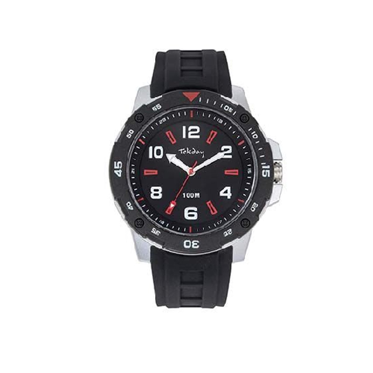 Tekday-herenhorloge-model 656227-zwart zilver-siliconen-hoog draagcomfort-10 atm waterdicht-zwemmen-duidelijke wijzerplaat-diameter 45 mm