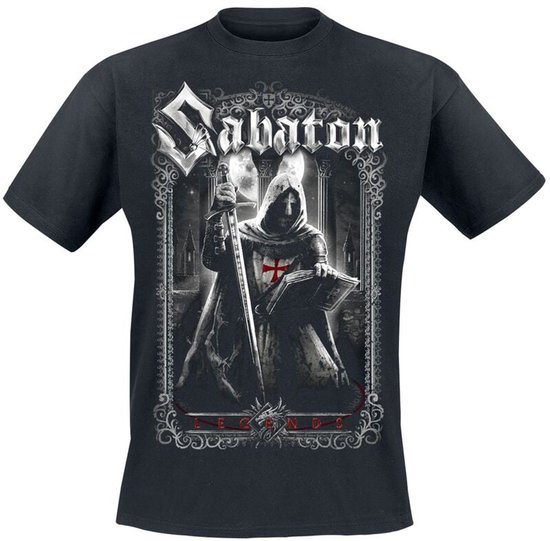 Zwart T-shirt met opdruk van een Templar met zwaard en boek, met 'Sabaton Legends' tekst en een draak.