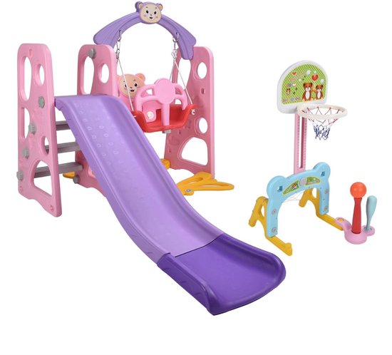Structure De Jeux 6-en-1 Enfant – Toboggan, Balançoire, Basket, Lancer Anneaux, Foot US, Échelle – Intérieur/Extérieur (PEHD)