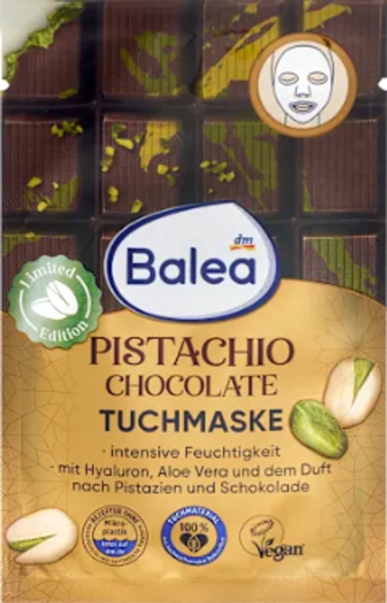 Balea Gezichtsmasker - Sheet Mask - Pistachio Chocolate | 1x 20g - Met Hyaluronzuur & Aloë Vera | Voedende Formule - Rijke Verzorging