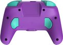 Paarse controller met turquoise grip-accenten en knoppen.