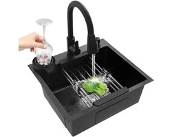CozyLiving Keuken Spoelbak met Uitrekbare Kraan, Bekerspoeler en Zeepdispenser- Gootsteen Keuken - Met Afdruip - RVS - Zwart