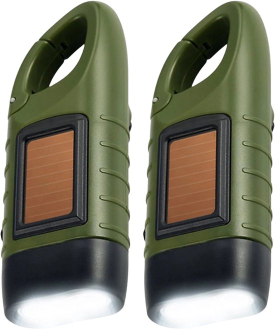 JustValue Opwindbare Zaklamp - Militaire zaklamp - Set van 2 - Knijpkat - Noodverlichting - Dynamo - Zonne-energie - Solar - Donkergroen