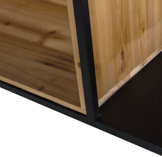Dichte kast met houten voorkant en metalen frame.