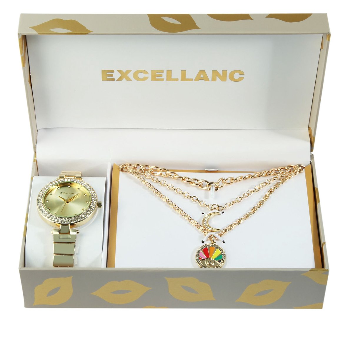 Excellanc dameshorloge geschenkset goudkleurig cadeauset met dameshorloge en drie kettingen