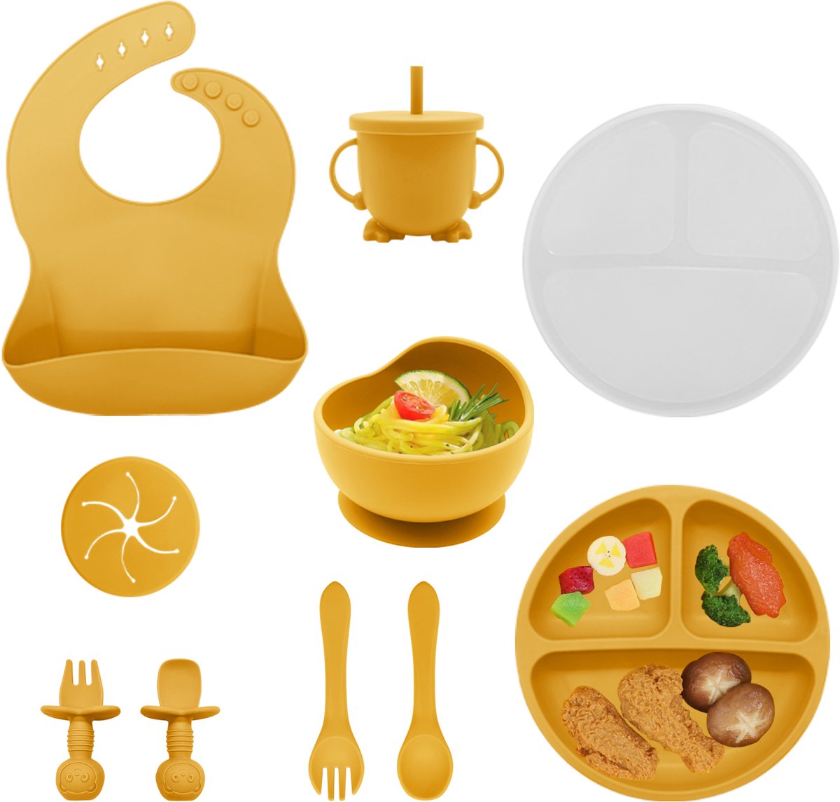 Image of 8-delig baby/kinder servies set siliconen - incl. bord en kommetje met zuignap en deksel, drinkbeker met rietje en deksel, slabbertje en twee sets baby/kinderbestek. - oven en vaatwasser bestendig - BPA vrij - geel/yellow