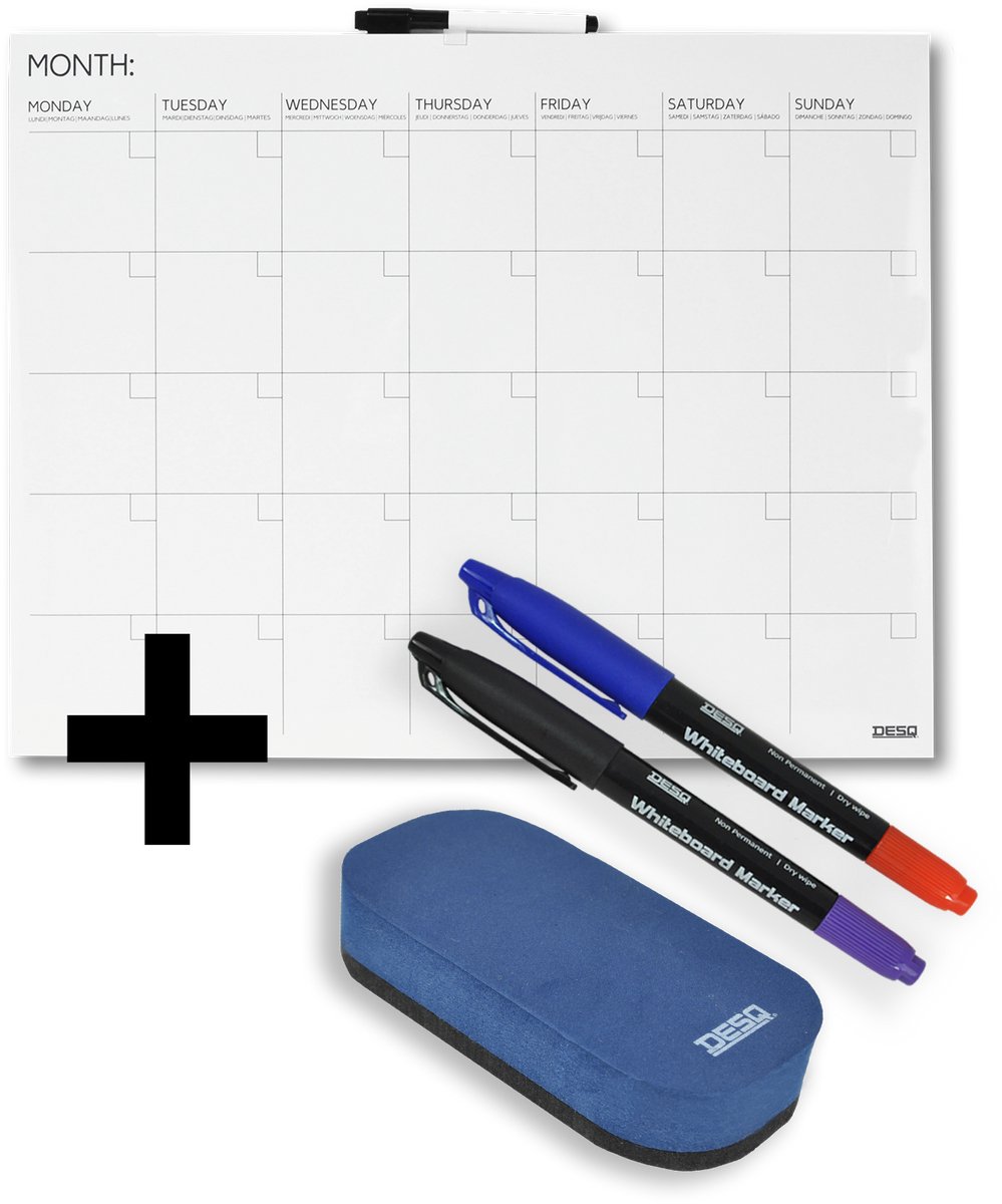 DESQ® Maandplanner met Stiften en Wisser - Whiteboard - Frameloos - Magnetisch - Droog Uitwisbaar – 35 Dagen Indeling - 40 x 50 cm