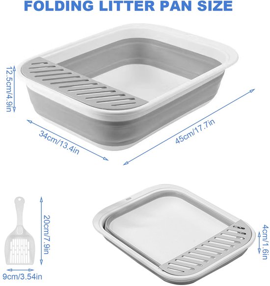 Kattentoilet, Grote Opvouwbare Kattenbak met Deksel, Bodemschaal en Schep, geschikt voor katten van alle leeftijden-49 * 37 * 35 cm-grijs