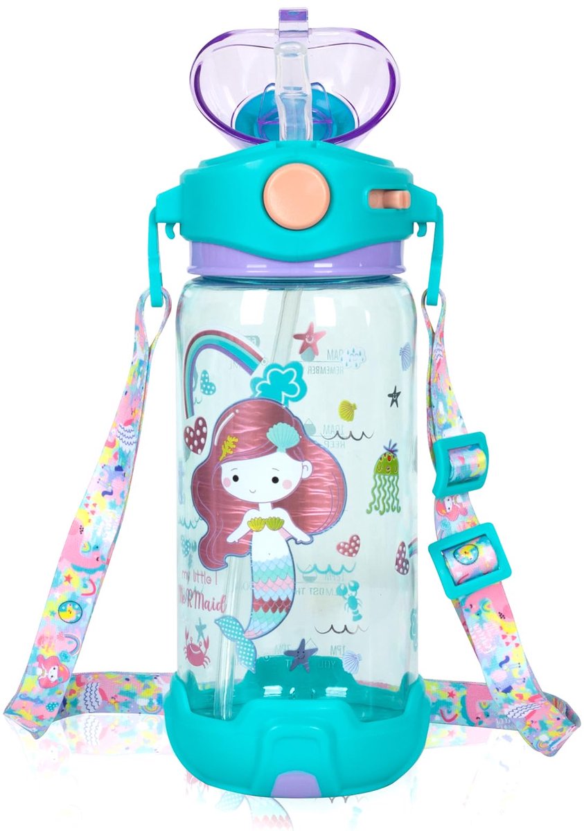 Ibenzoa® Kinder drinkfles met rietje en draagband voor dagelijks gebruik en sportieve activiteiten