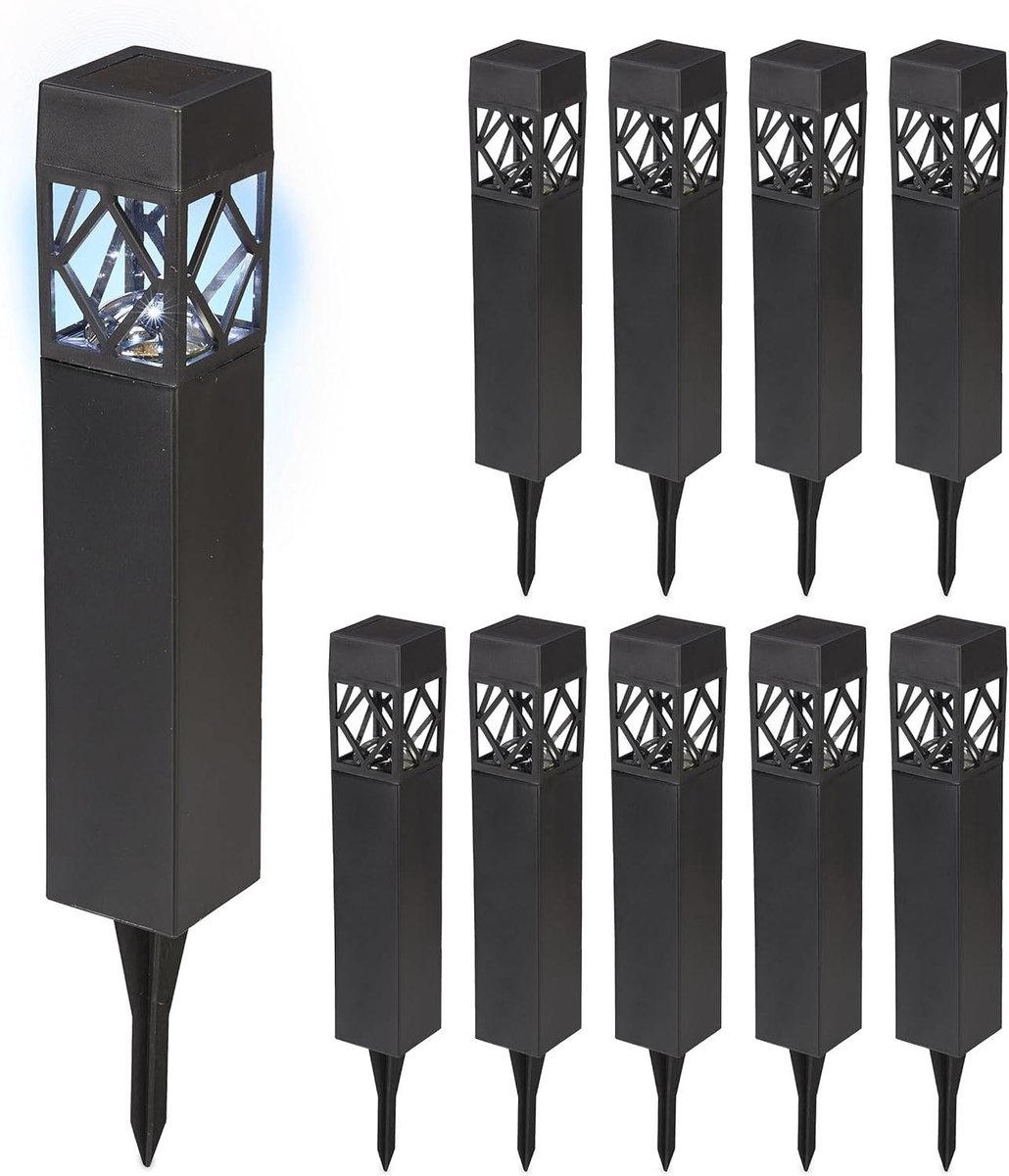 Tuinlamp set van 10 koudwit waterdicht met schemersensor LED lampen - zwart, HxBxD: 41 x 6 x 6 cm