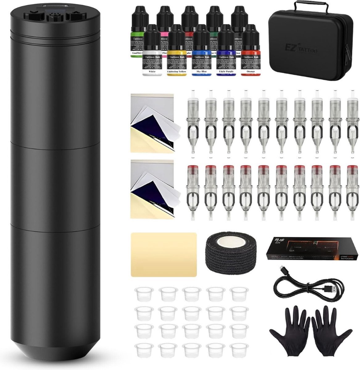 Thuys – Tattoo Machine – Complete Set – Pen – 20 Stuks Cartridge 10 Inkten – 24 x 19 x 10cm – Zwart