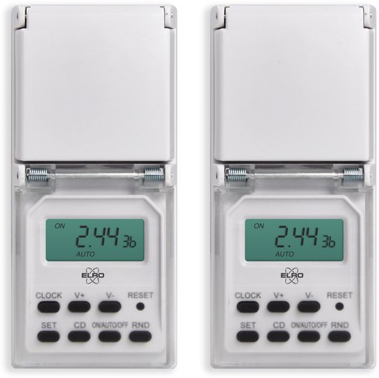 2-Pack ELRO TO3000 Digitale Buiten Tijdschakelaar met Programmeerbaar Weekprogramma | 10 Schakelmomenten per dag | Random Functie | IP44 Waterdicht | tot 3600W