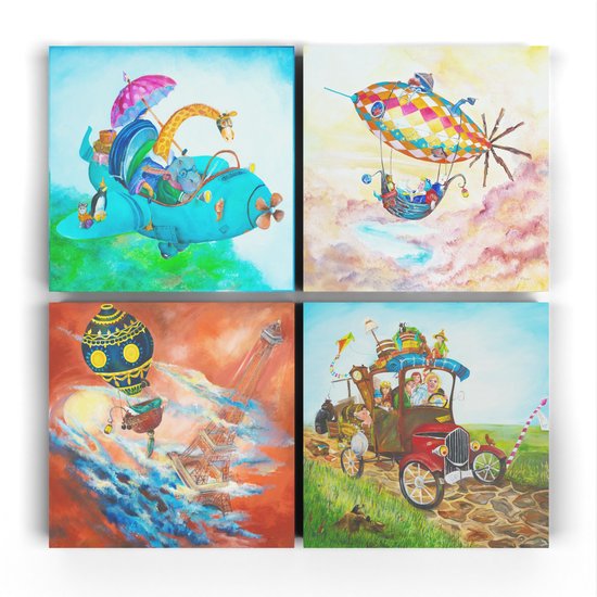 Wanddecoratie kinderkamer reizen - 4 stuks avontuur wanddecoratie voor kinderen - Canvas muurdecoratie cadeau en schilderij voor kinderen - Twinkelschilderijen | Incl. GRATIS ophangsysteem | Totaal 40x40 cm