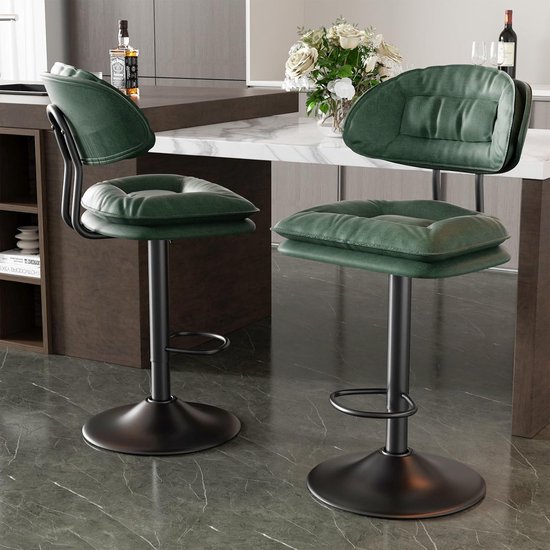 Barkruk set van 2, ergonomische gestoffeerde barkruk met rugleuning, verstelbare dubbellaagse barstoel, voor eetkamer, thuisbar, keukeneiland, 2 x krukken (legergroen)