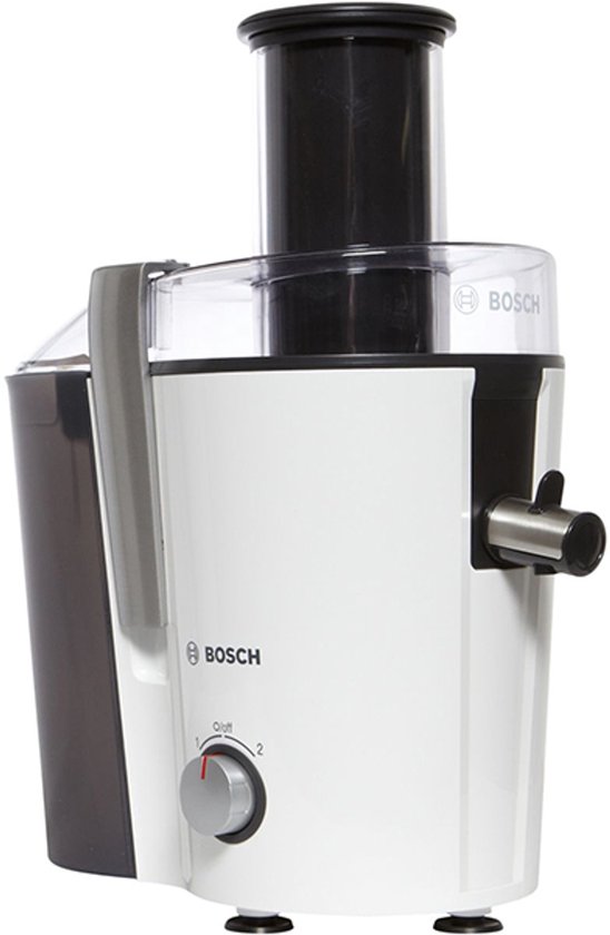Witte Bosch sapcentrifuge met zwarte details en een draaiknop.