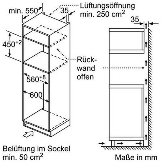 Technische tekening met afmetingen voor inbouw, met ventilatieaanduidingen.
