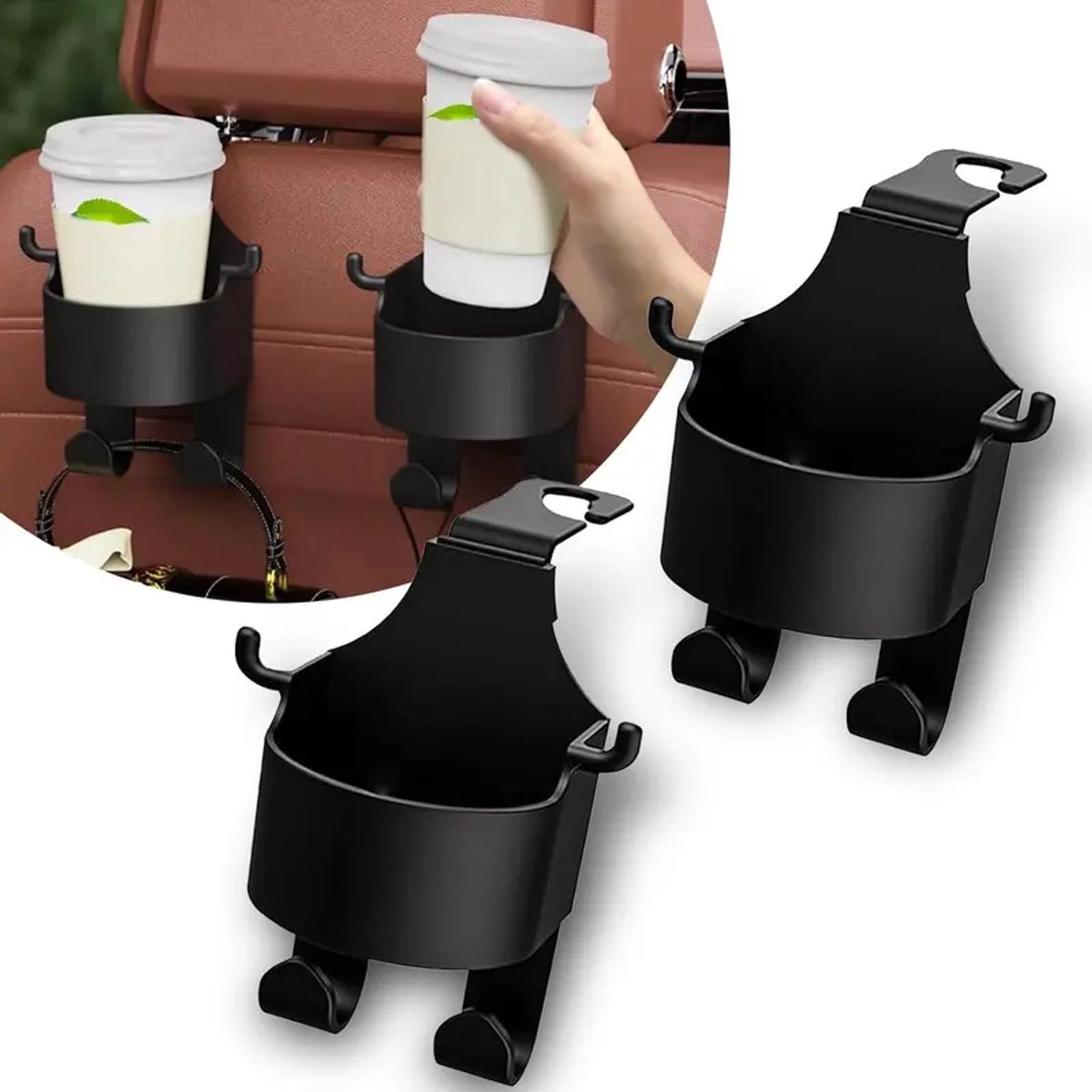 Bekerhouder 2 stuks voor in de auto, 2-in-1 haak voor hoofdsteun, bekerhouder, universele bekerhouder voor auto, multifunctionele bekerhouder met haak voor de achterbank, voor koffie, dranken,
