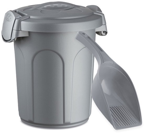 Conteneur à aliments gris en plastique de 8 litres avec couvercle et pelle.