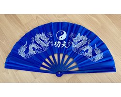 Handwaaier Tai Chi waaier Kong Fu Yin Yang twee draken blauwe en witte ca. 65 x 35cm Chinees Verkoeling in de zomer
