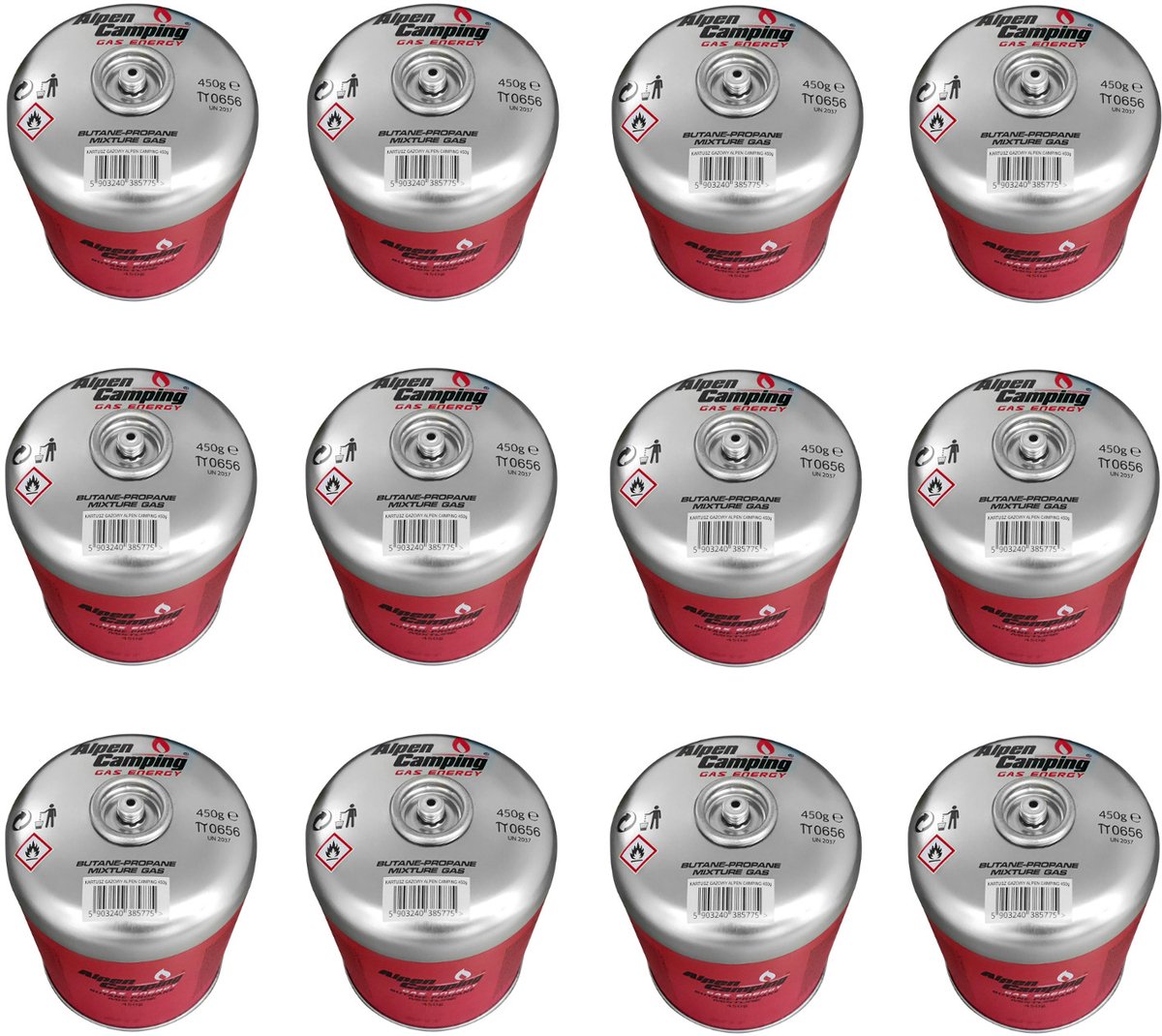 Alpen Camping - 12 stuks Gaspatroon 450g - Certificaat: Pi 0437, voldoet aan EN417, propaan-butaan, bereik -10°c tot + 40°c, 7/16" ventiel met schroefdraad IK020