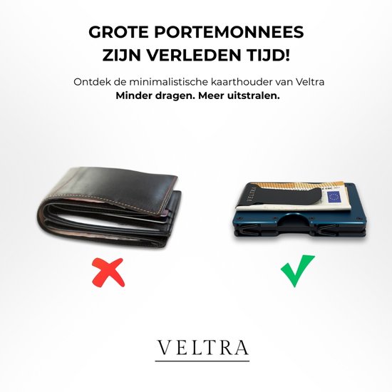 Portefeuille Veltra - Porte-cartes - Minimaliste - Homme et femme - Protection RFID - Aluminium - Jusqu'à 15 cartes - Mécanisme à ressort - Pince à billets - Billets - Bleu marine