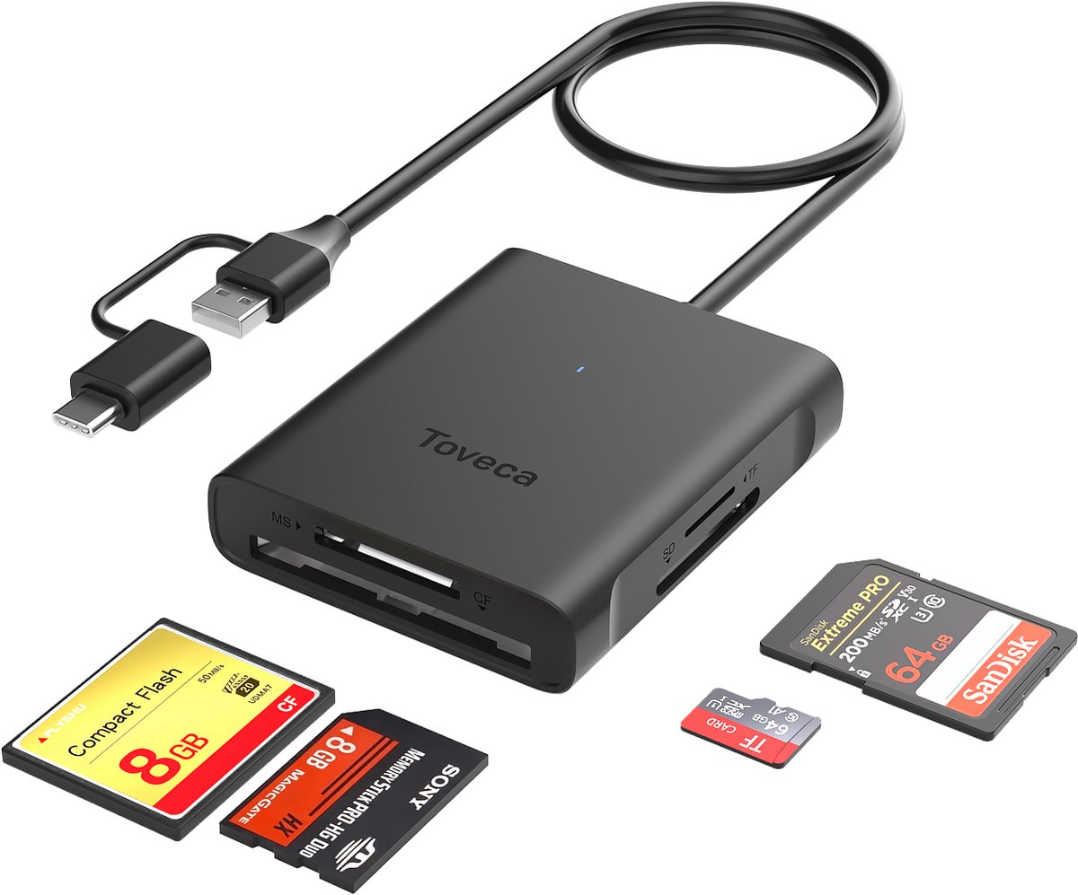 Toveca 4in1 SD kaart lezer met USB-A 3.0/ USB-C Aansluiting - Geheugenkaart lezer voor MS Kaart, CF Kaart, SD Kaart & Micro SD Kaart