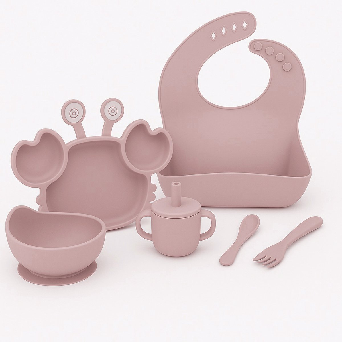 Babygiftset© – Siliconen babyservies set – Krab Poeder Roze – Kinderservies set – Kinderbord – Kom – Met Zuignap – Kinderbestek – Babybestek – Slabbetjes – Drinkbeker – Snack cup – Kraamcadeau meisje – Kraamcadeau jongen – Babyshower cadeau