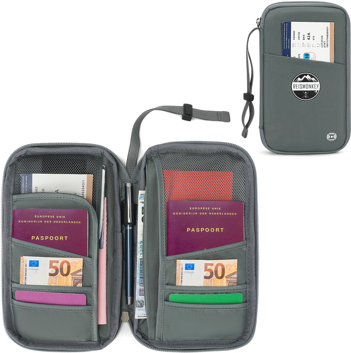 Reisportemonnee RFID - Reismonkey - Travel wallet voor 6 paspoorten - Waterafstotende familie paspoorthouder - Grijs