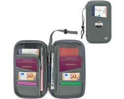 Reisportemonnee RFID - Reismonkey - Travel wallet voor 6 paspoorten - Waterafstotende familie paspoorthouder - Grijs