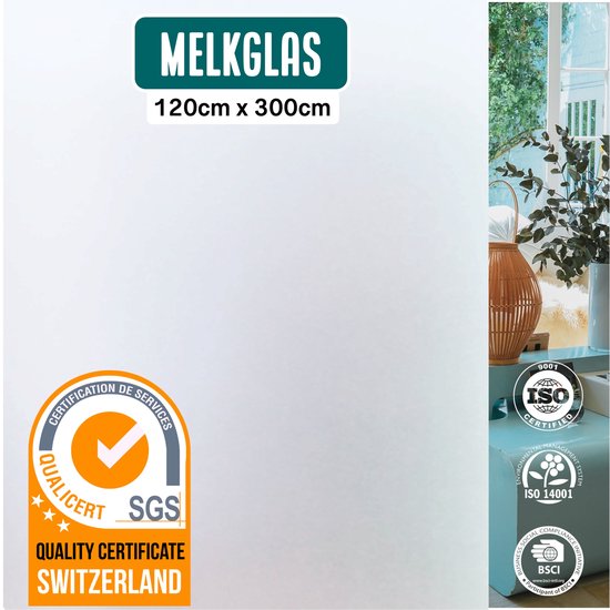 Witte melkglas raamfolie van 120x300cm met Qualicert-, ISO- en BSCI-certificeringslogo's.