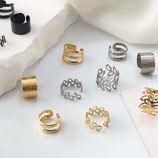 Set van 5 zwarte ear cuffs voor dames – Oorclips zonder gaatje – Mat en glanzend met bladmotief en reliëfdesigns oorbellen – Sieraad voor oorschelp