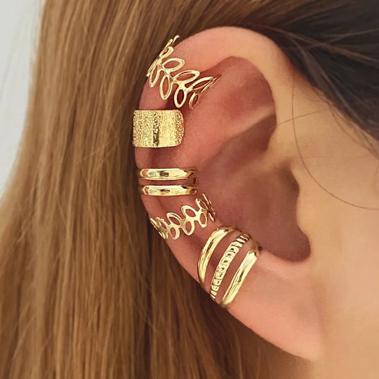5 goudkleurige ear cuffs voor dames – Oorclips zonder gaatje – Mix van gladde, gehamerde en opengewerkte ontwerpen Oorbellen – Sieraad voor oorschelp