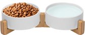 Jake and Jacky Voerbak Kat en Hond Keramiek - Voerbakken Dubbel met Standaard - Drinkbak en Eetbak - 2x 400 mL - Wit