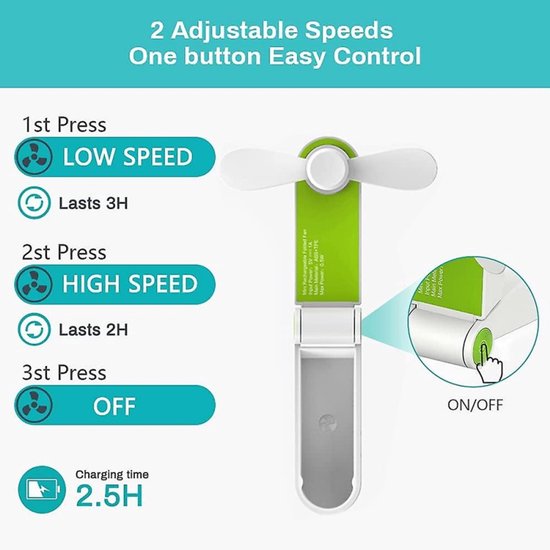 Mini-handventilator, draagbare stille ventilator met 2500 mAh powerbank