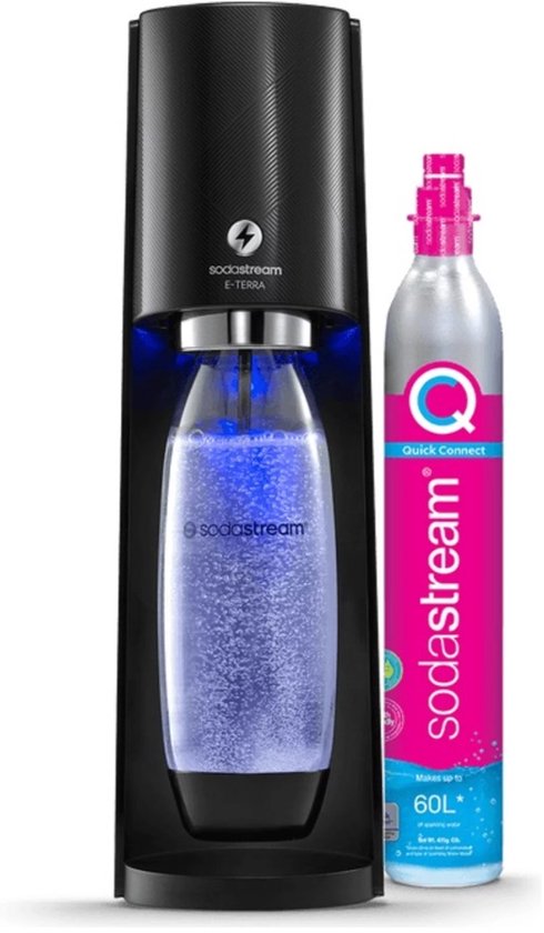 Zwarte SodaStream E-Terra met Quick Connect CO2-cilinder.