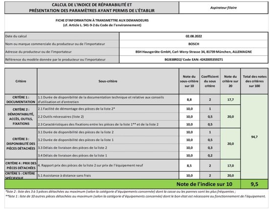 Document met reparatie-index 9,5/10 voor Bosch stofzuiger.