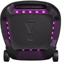 Achterkant van de zwarte JBL PartyBox Ultimate met paarse LED-lampjes en wielen.