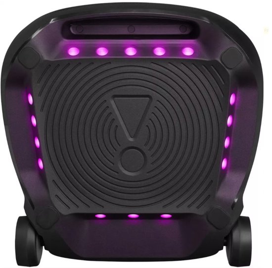 Achterkant van de zwarte JBL PartyBox Ultimate met paarse LED-lampjes en wielen.