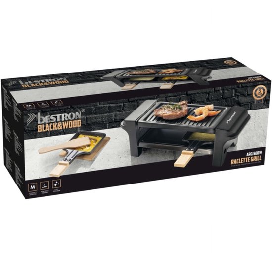 Bestron ARG300BW XL Raclette Grill, elektrische Party-Raclette-Grill set voor maximaal 8 personen, met natuurlijke grillsteen & antiaanbak grillplaat, incl. grote pannen set, 1500 Watt, kleur: zwart/hout