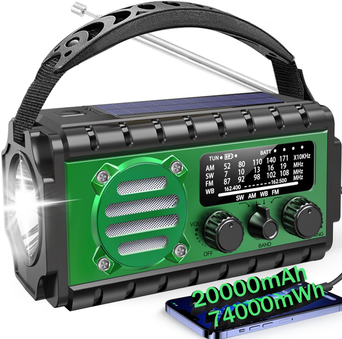 XSY 350 - Noodradio - 20000mAh PowerBank - Zonnepaneel - Leeslamp - Groen
