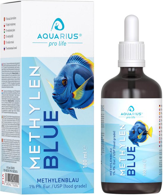 Flesje met donkerbruine vloeistof en druppelaar dop, naast een doos. Een blauw-gele vis en "METHYLEN BLUE 100 ml" staan op de doos.