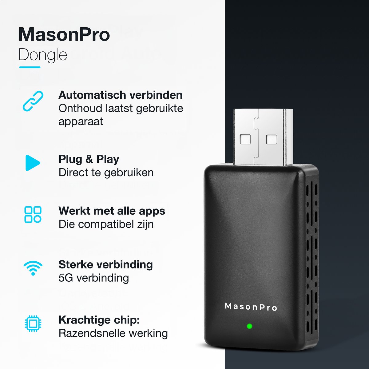 MasonPro 2-in-1 Draadloze CarPlay Android Auto Dongle USB-C/A voor Veilig Navigeren en Handsfree Bellen - Afbeelding 2