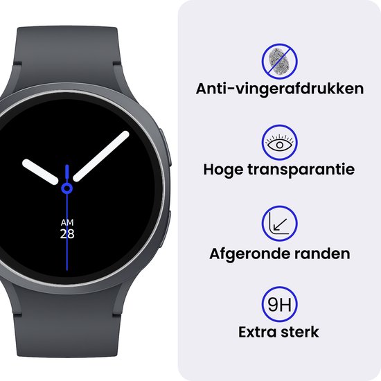 Een donkergrijze Samsung Galaxy Watch met een zwart scherm. Het glas is anti-vingerafdruk en extra sterk (9H).